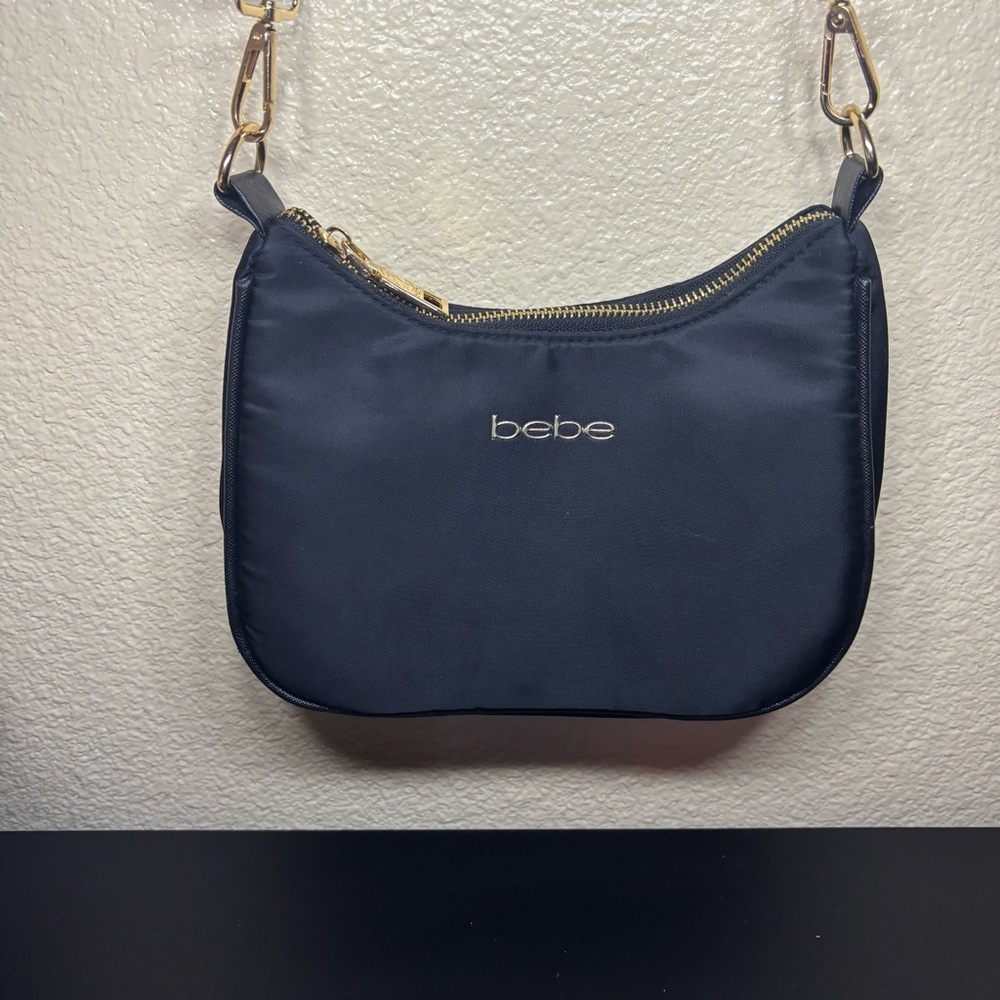 Bebe Black Nylon Shoulder Bag with Gold Hardware